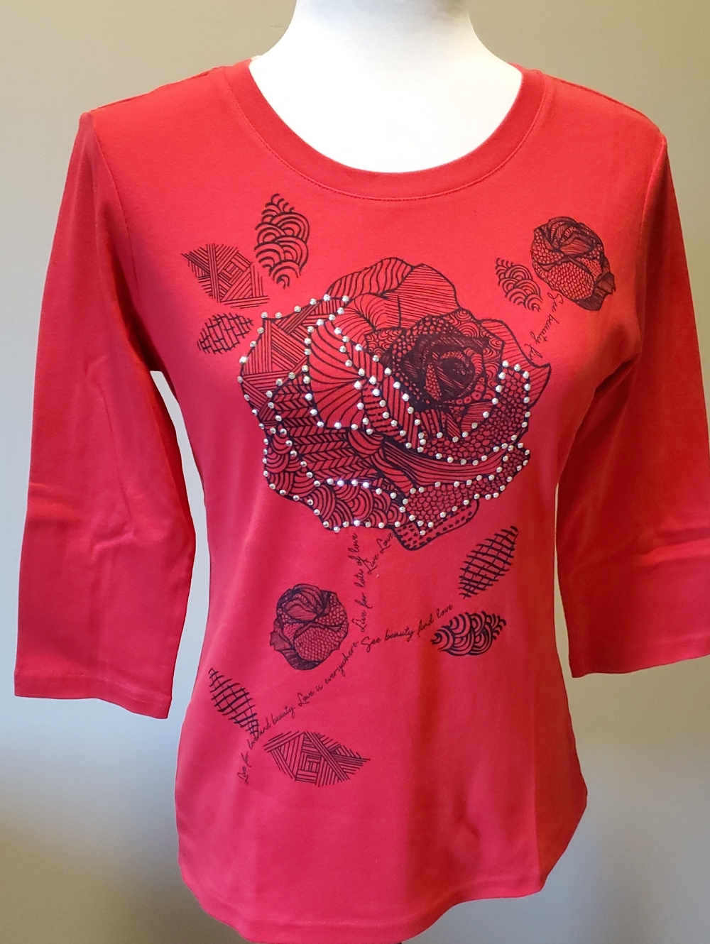 Style & Co. Red Long-Sleeve Tee with Black Floral Graphic and Pearls